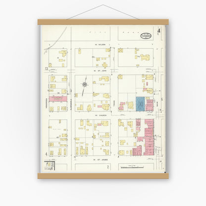 Old map wall art mockup — magnetic wood frame on white wall — Sanborn Fire Insurance Map from Tarboro, Edgecombe County, North Carolina (1913), Sheet #0004