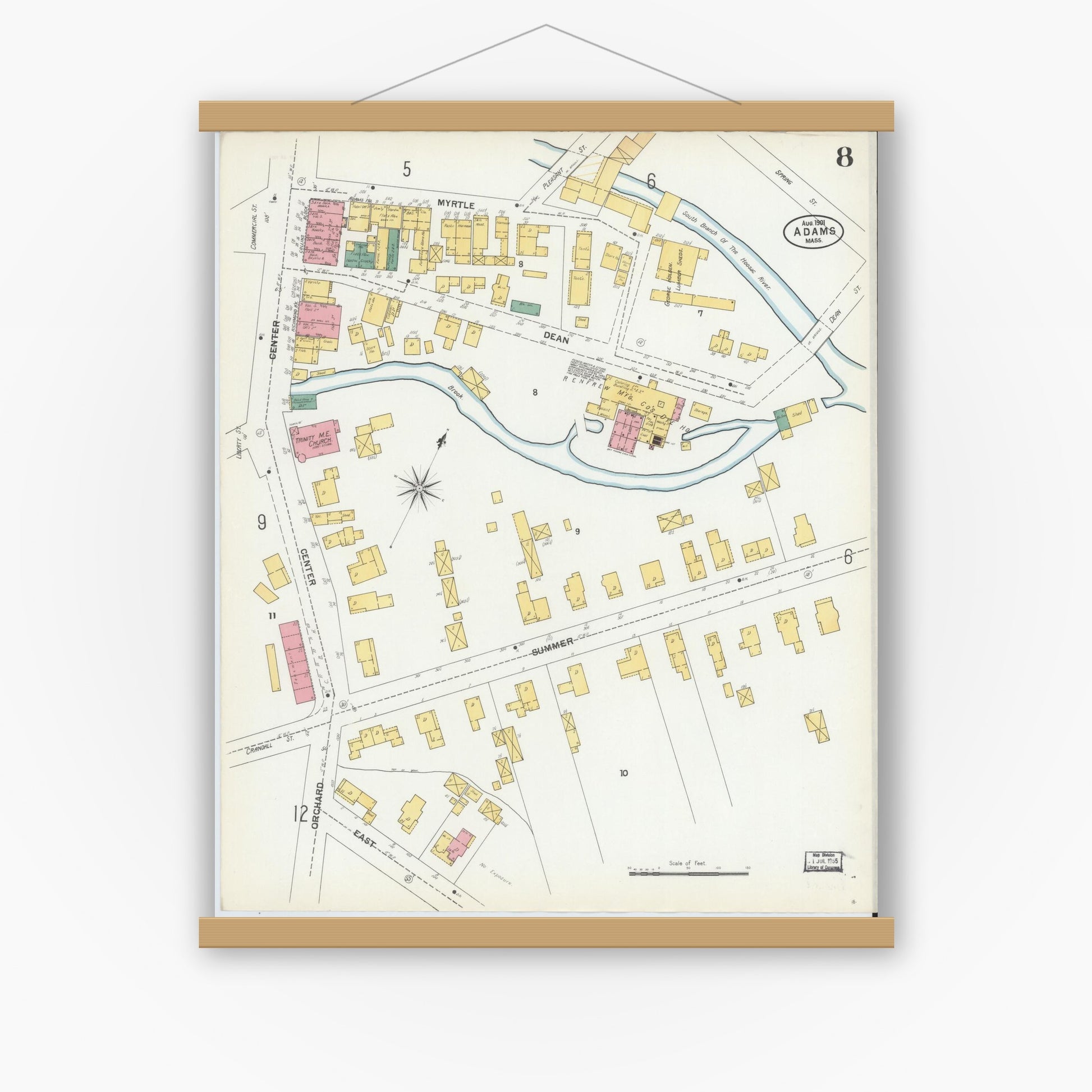 Old map wall art mockup — magnetic wood frame on white wall — Sanborn Fire Insurance Map from Adams, Berkshire County, Massachusetts (1901), Sheet #0008