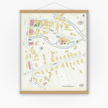 Old map wall art mockup — magnetic wood frame on white wall — Sanborn Fire Insurance Map from Adams, Berkshire County, Massachusetts (1901), Sheet #0008