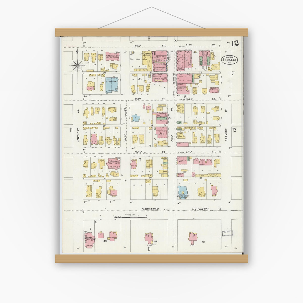 Old map wall art mockup — magnetic wood frame on white wall — Sanborn Fire Insurance Map from Sedalia, Pettis County, Missouri (1898), Sheet #0012