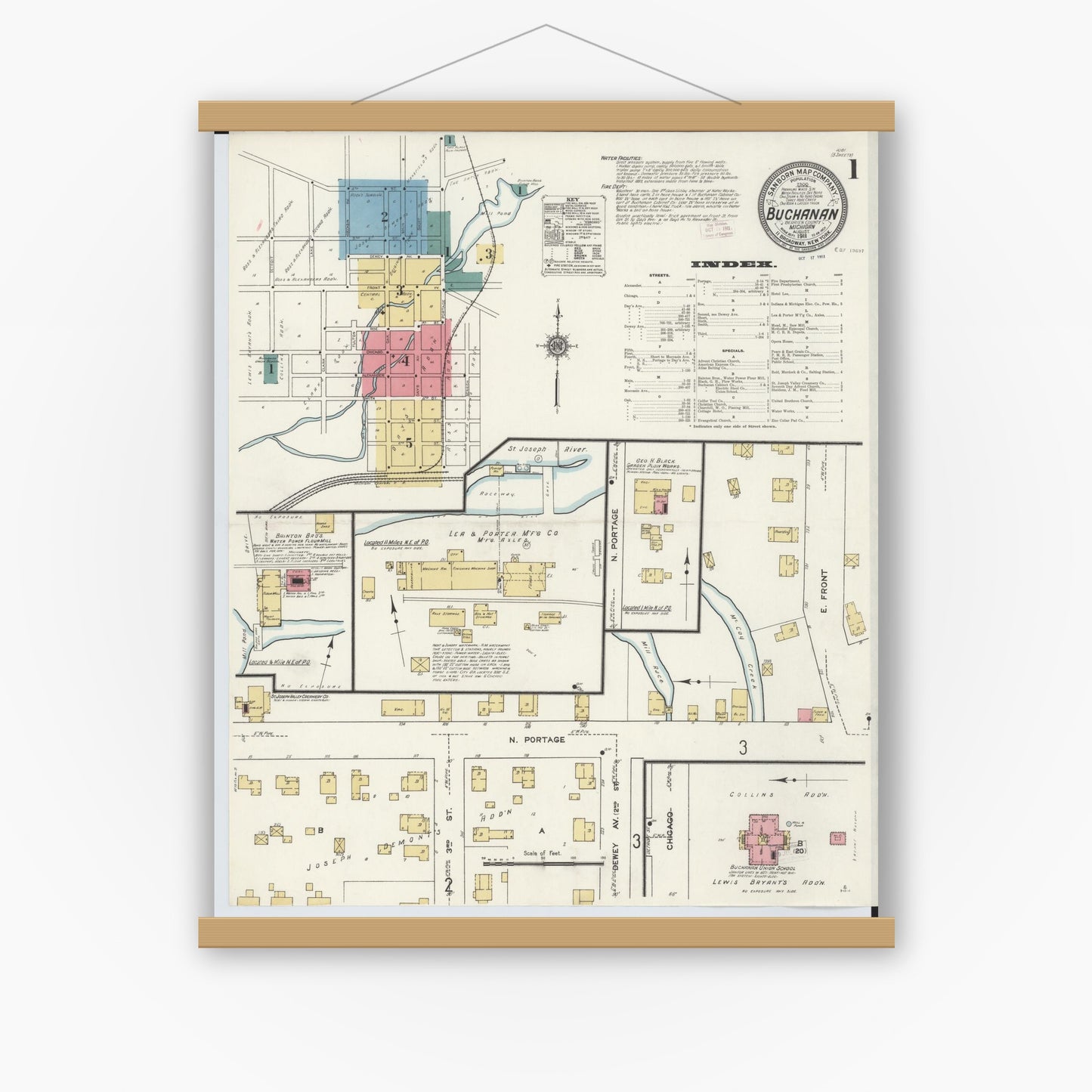 Old map wall art mockup — magnetic wood frame on white wall — Sanborn Fire Insurance Map from Buchanan, Berrien County, Michigan (1911) - Complete Map Set