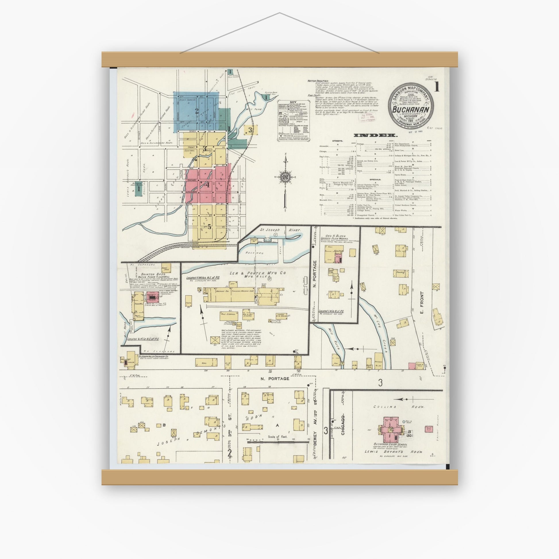 Old map wall art mockup — magnetic wood frame on white wall — Sanborn Fire Insurance Map from Buchanan, Berrien County, Michigan (1911) - Complete Map Set