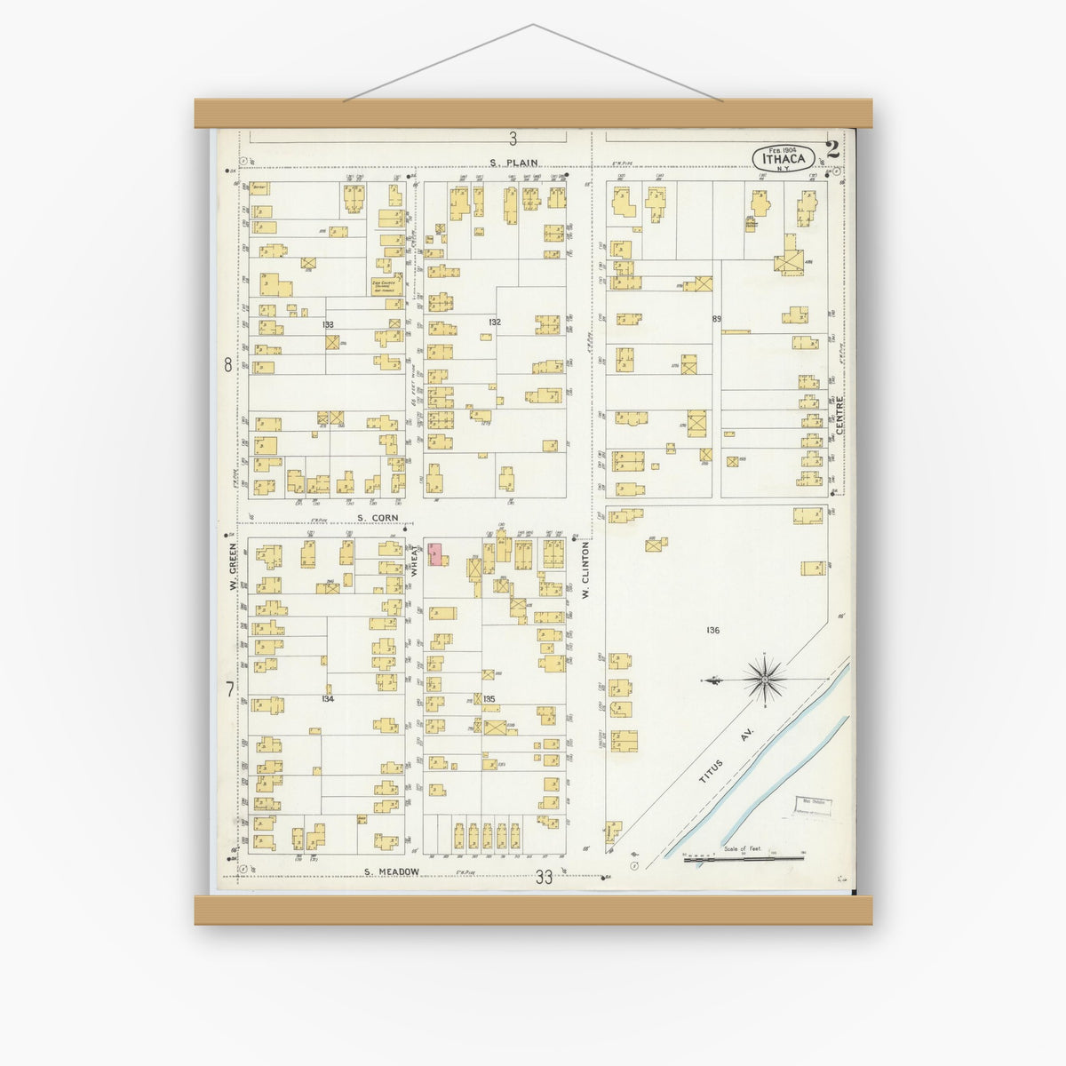 Old map wall art mockup — magnetic wood frame on white wall — Sanborn Fire Insurance Map from Ithaca, Tompkins County, New York (1904) - Complete Map Set