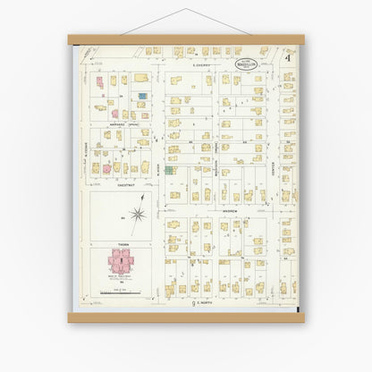 Old map wall art mockup — magnetic wood frame on white wall — Sanborn Fire Insurance Map from Massillon, Stark County, Ohio (1908), Sheet #0004