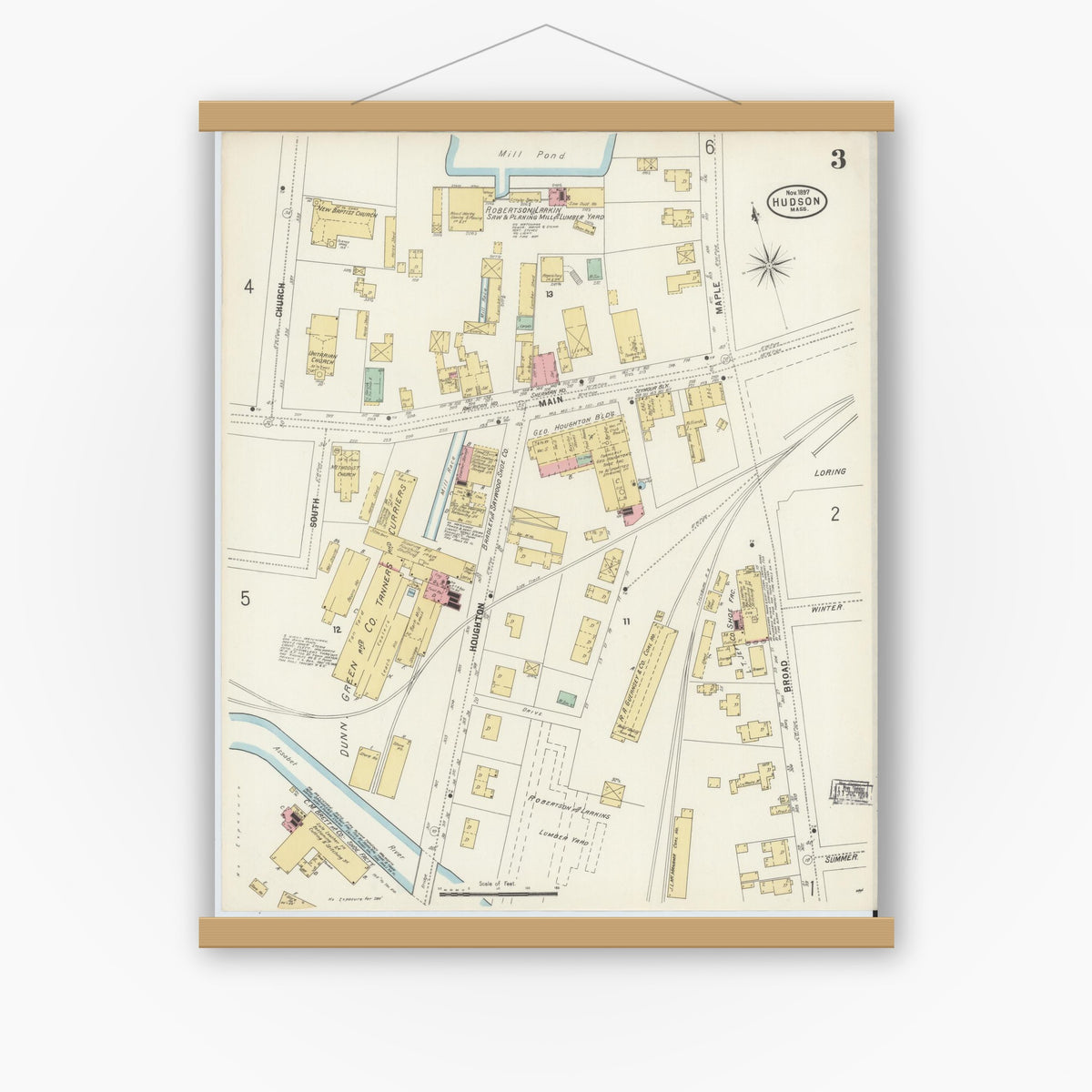 Old map wall art mockup — magnetic wood frame on white wall — Sanborn Fire Insurance Map from Hudson, Middlesex County, Massachusetts (1897), Sheet #0003