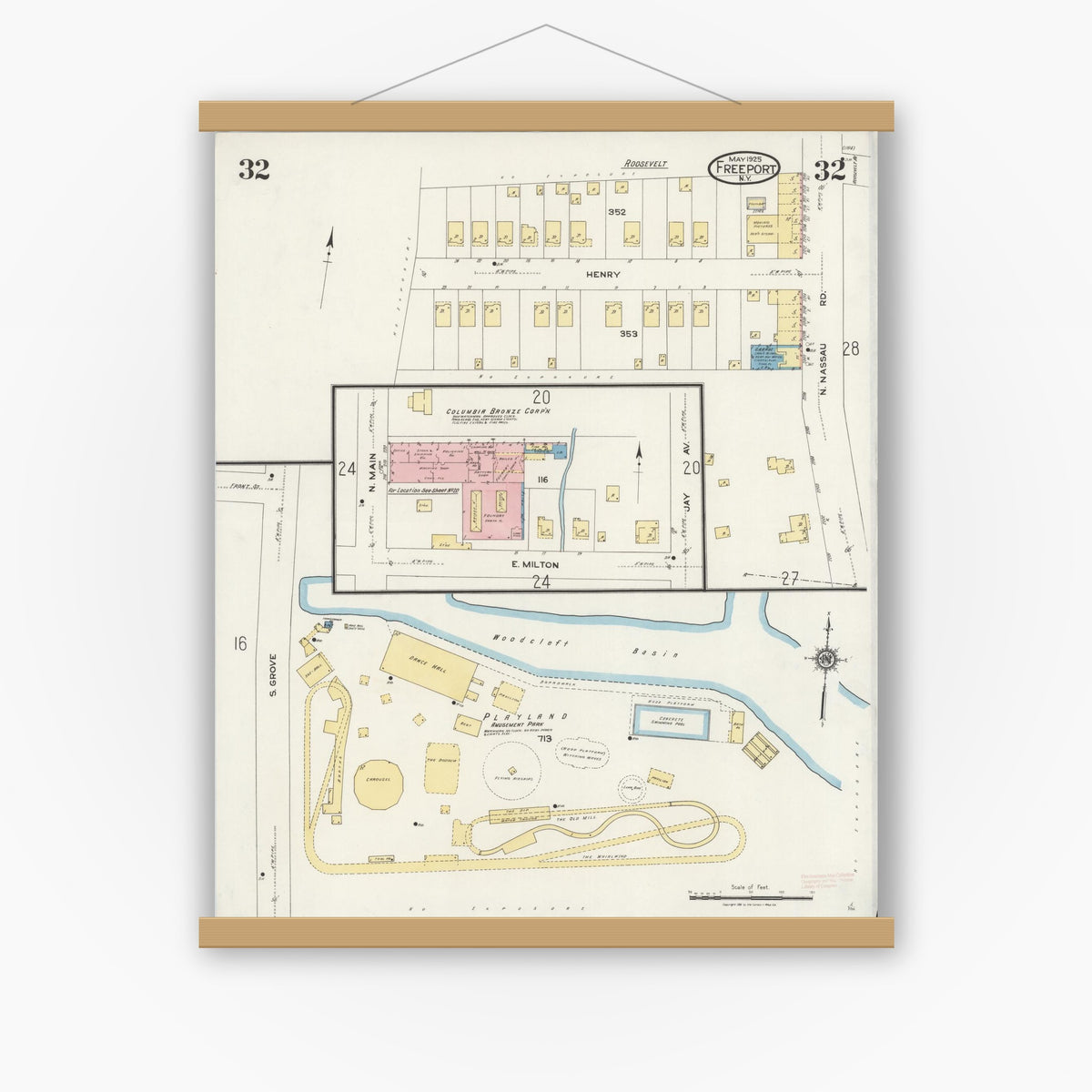 Old map wall art mockup — magnetic wood frame on white wall — Sanborn Fire Insurance Map from Freeport, Nassau County, New York (1925), Sheet #0032