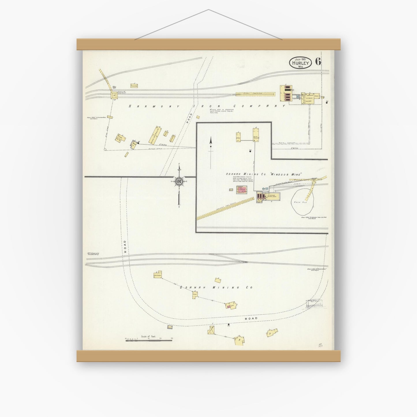 Old map wall art mockup — magnetic wood frame on white wall — Sanborn Fire Insurance Map from Hurley, Iron County, Wisconsin (1913), Sheet #0006