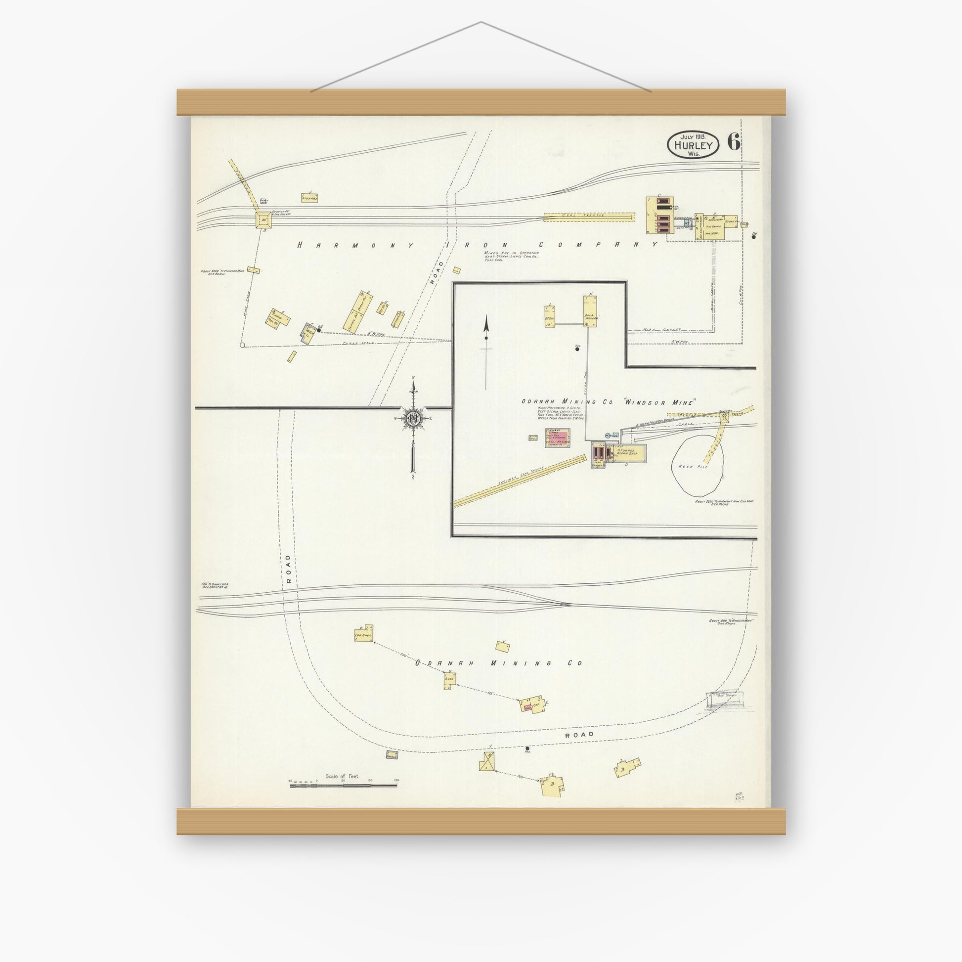 Old map wall art mockup — magnetic wood frame on white wall — Sanborn Fire Insurance Map from Hurley, Iron County, Wisconsin (1913), Sheet #0006