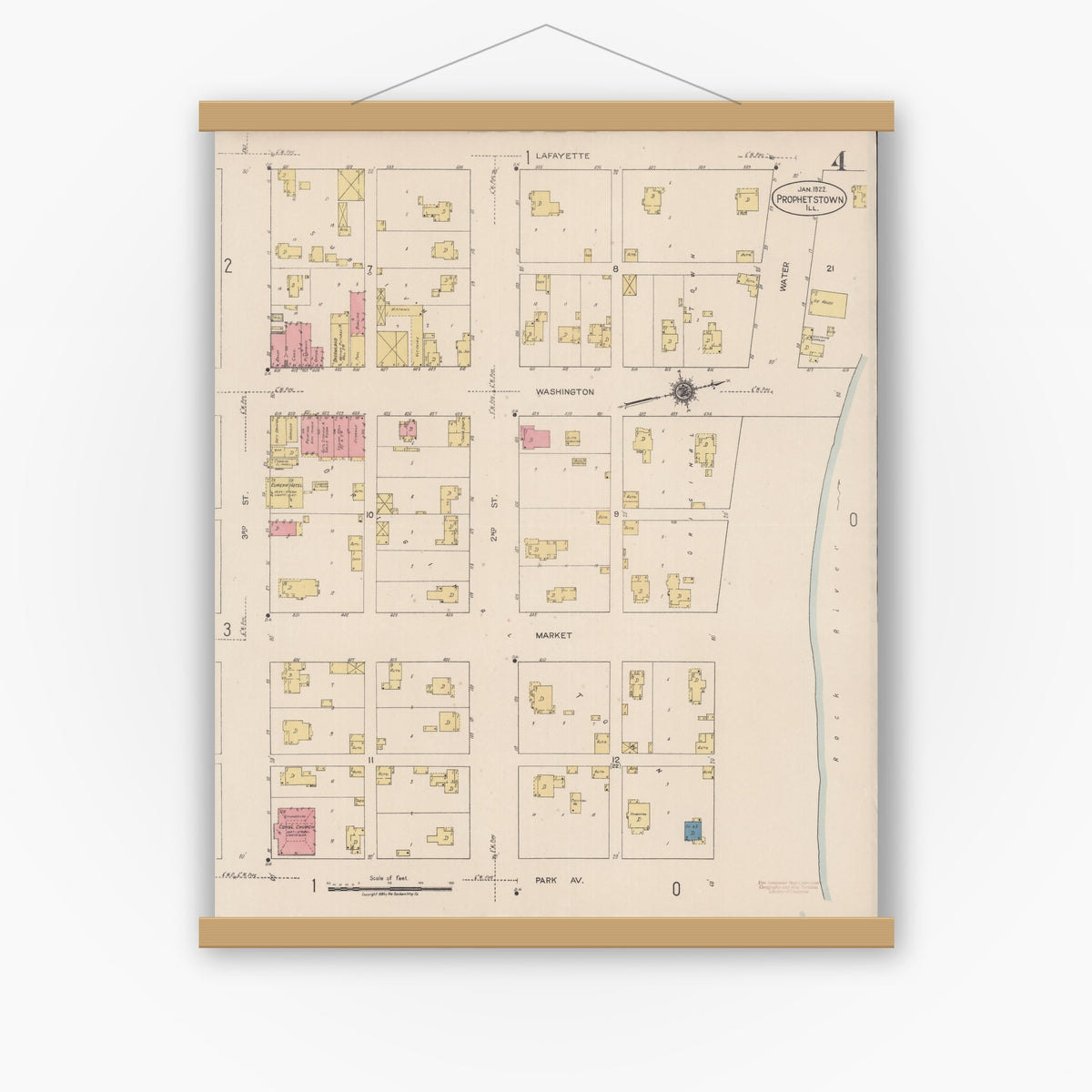 Old map wall art mockup — magnetic wood frame on white wall — Sanborn Fire Insurance Map from Prophetstown, Whiteside County, Illinois (1922), Sheet #0004