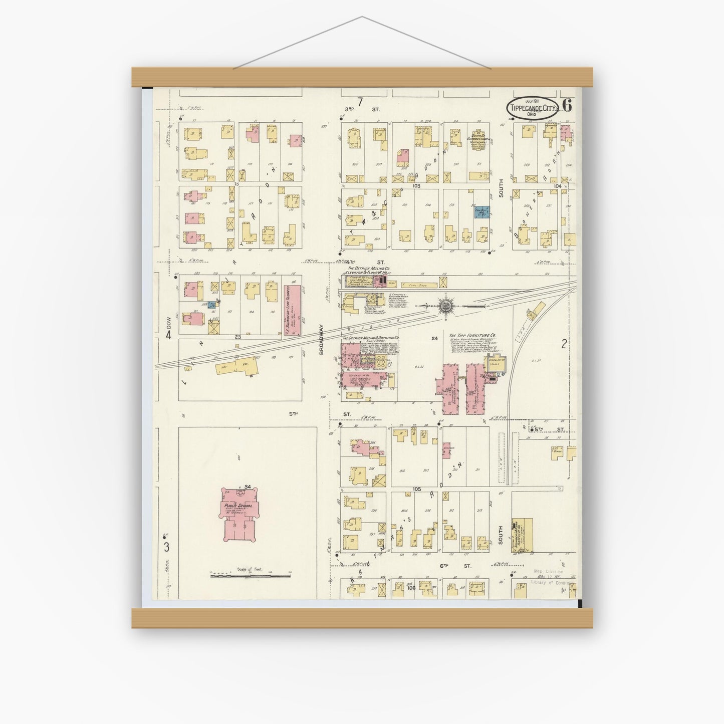 Old map wall art mockup — magnetic wood frame on white wall — Sanborn Fire Insurance Map from Tipp City, Miami County, Ohio (1911), Sheet #0006