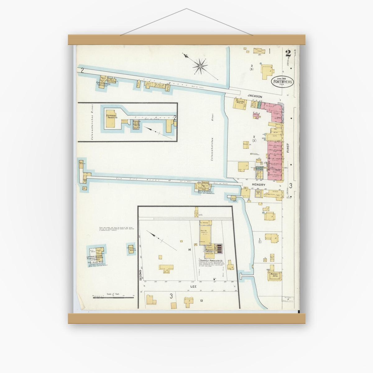 Old map wall art mockup — magnetic wood frame on white wall — Sanborn Fire Insurance Map from Fort Myers, Lee County, Florida (1908), Sheet #0002