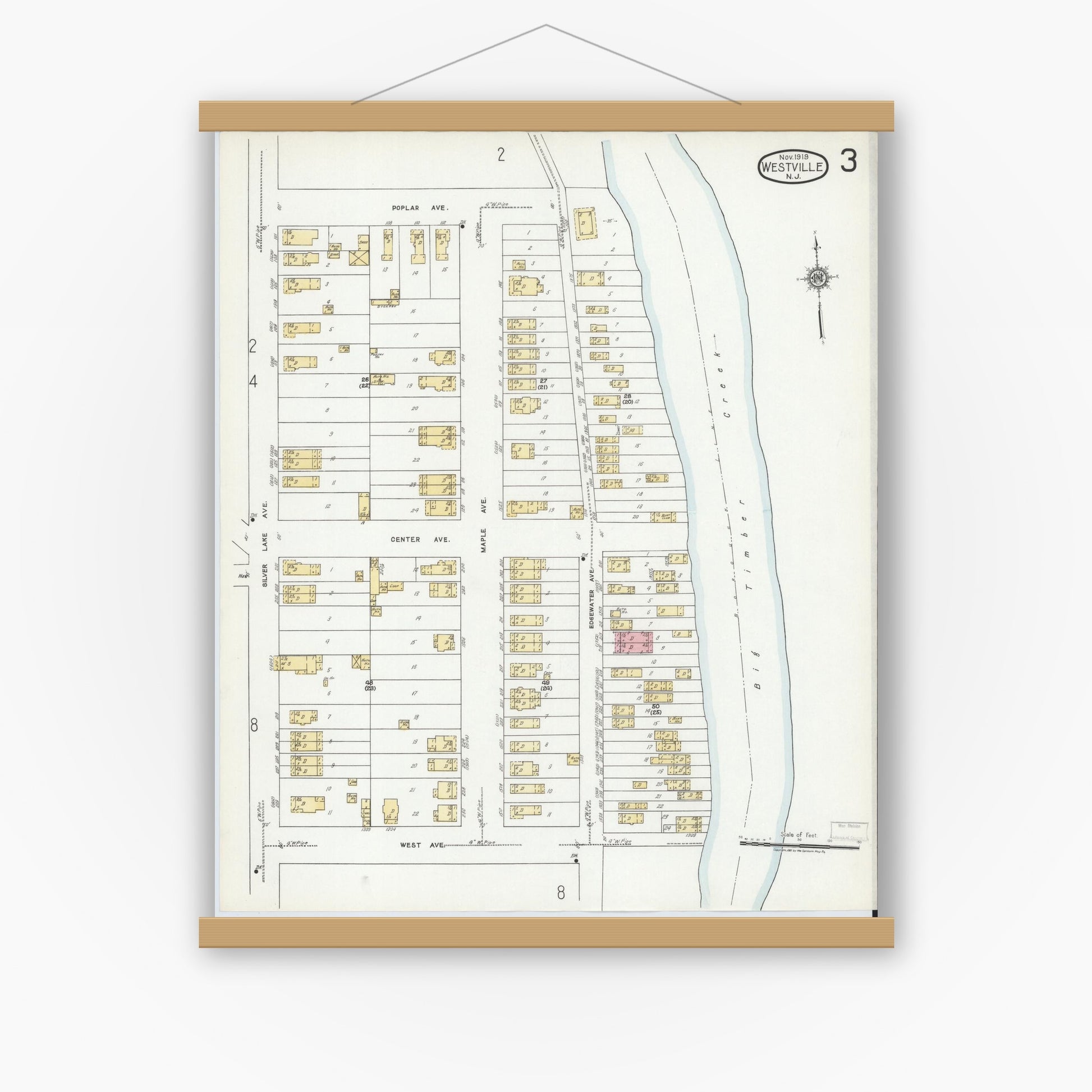 Old map wall art mockup — magnetic wood frame on white wall — Sanborn Fire Insurance Map from Westville, Gloucester County, New Jersey (1919), Sheet #0003