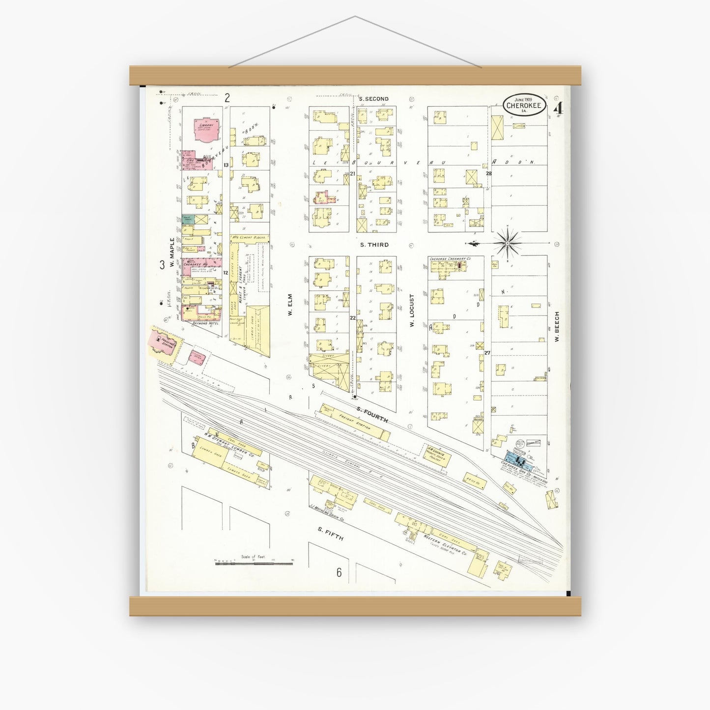 Old map wall art mockup — magnetic wood frame on white wall — Sanborn Fire Insurance Map from Cherokee, Cherokee County, Iowa (1909), Sheet #0004