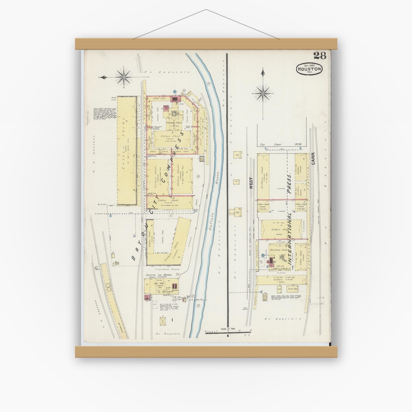 Old map wall art mockup — magnetic wood frame on white wall — Sanborn Fire Insurance Map from Houston, Harris County, Texas (1890), Sheet #0028