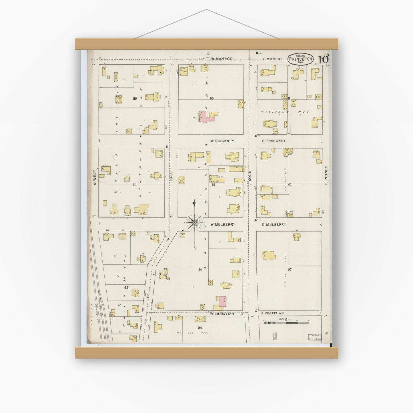 Old map wall art mockup — magnetic wood frame on white wall — Sanborn Fire Insurance Map from Princeton, Gibson County, Indiana (1895), Sheet #0010