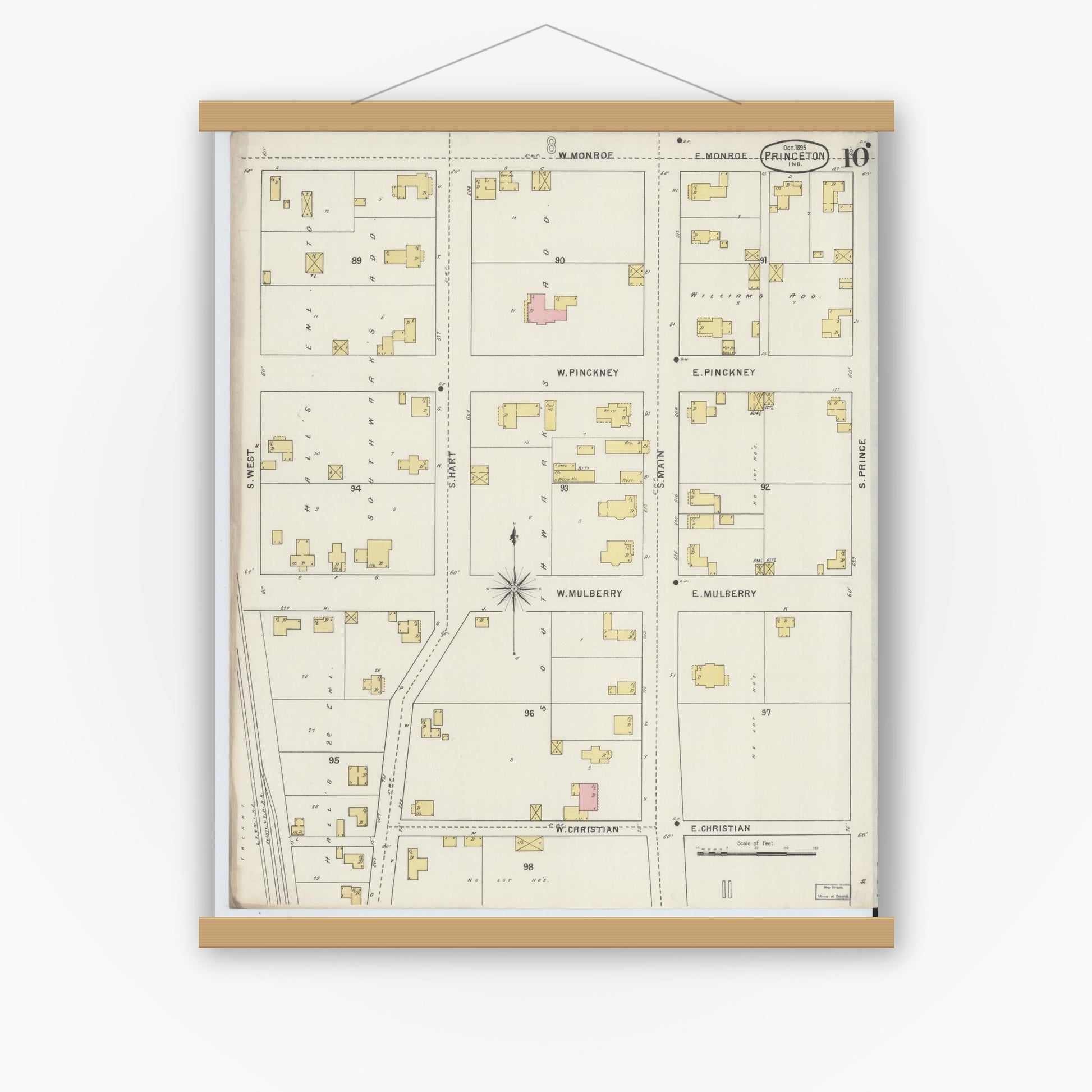 Old map wall art mockup — magnetic wood frame on white wall — Sanborn Fire Insurance Map from Princeton, Gibson County, Indiana (1895), Sheet #0010