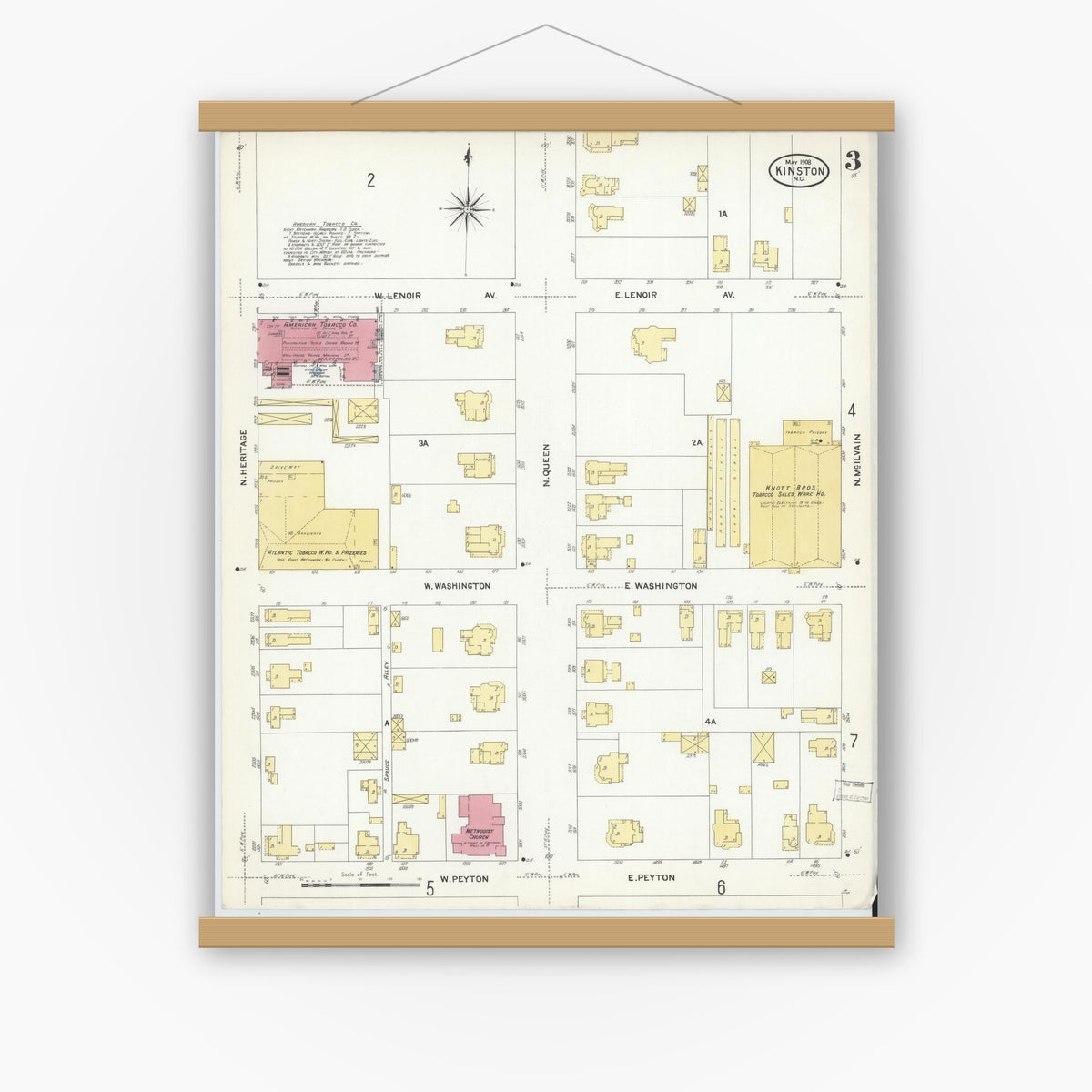 Old map wall art mockup — magnetic wood frame on white wall — Sanborn Fire Insurance Map from Kinston, Lenoir County, North Carolina (1908), Sheet #0003