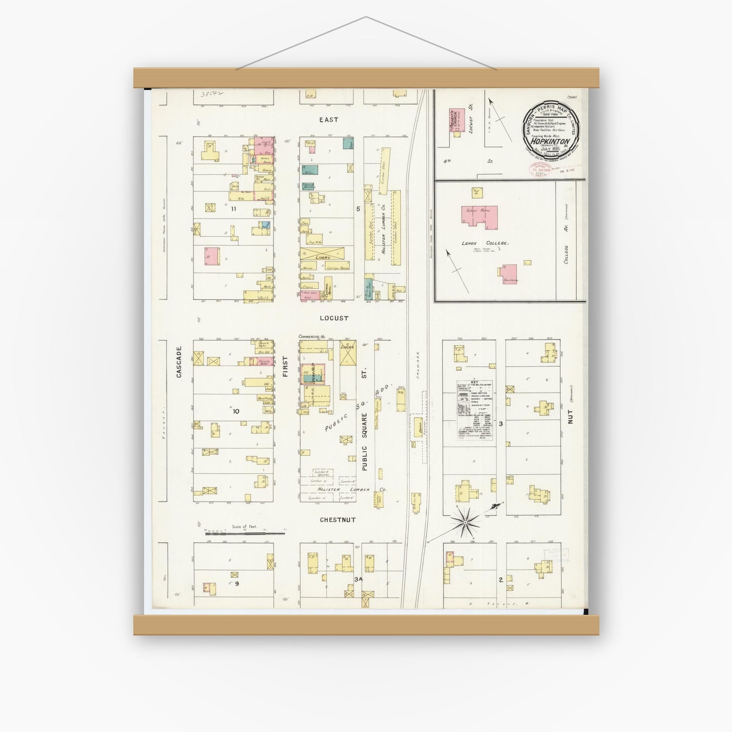 Old map wall art mockup — magnetic wood frame on white wall — Sanborn Fire Insurance Map from Hopkinton, Delaware County, Iowa (1895), Sheet #0001