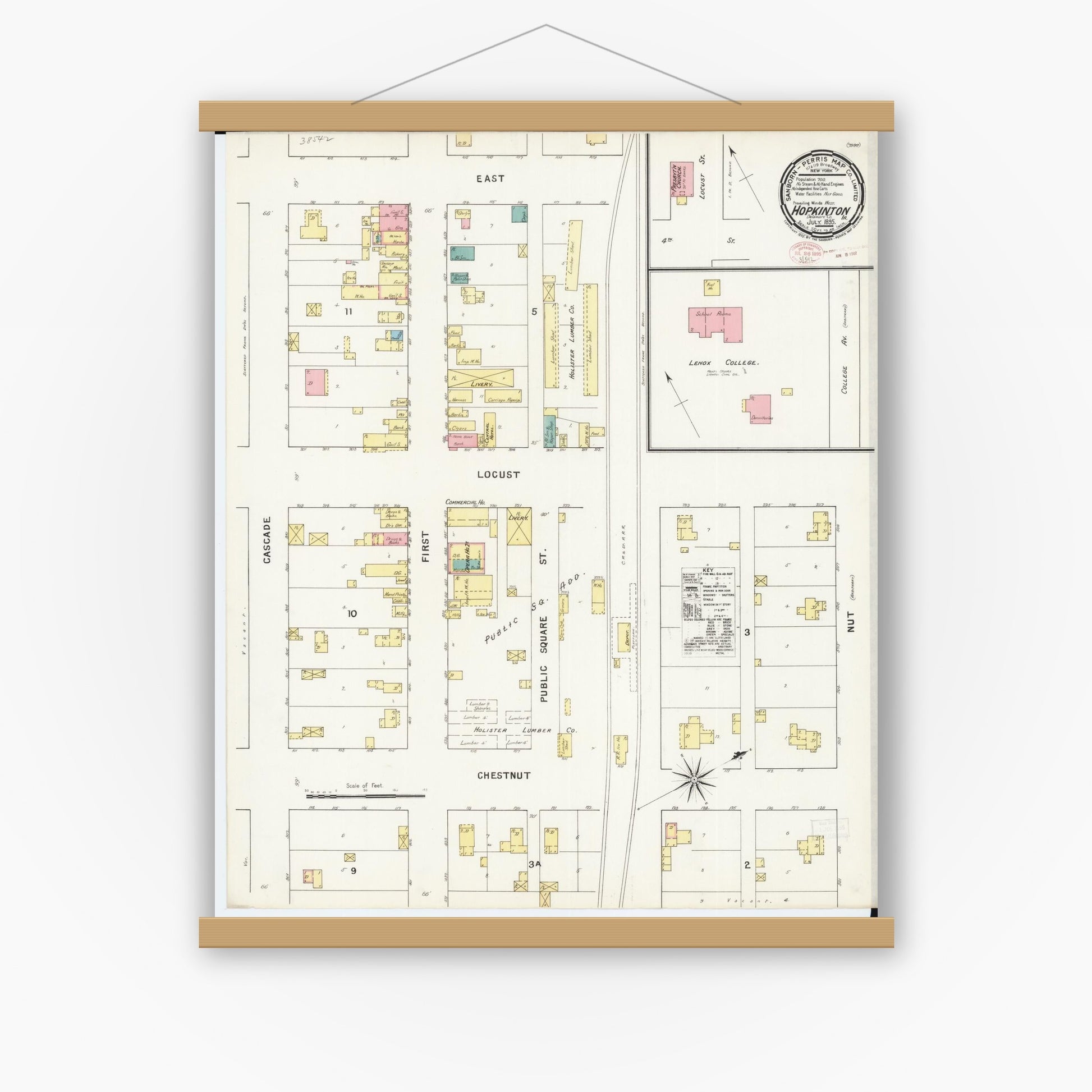 Old map wall art mockup — magnetic wood frame on white wall — Sanborn Fire Insurance Map from Hopkinton, Delaware County, Iowa (1895), Sheet #0001