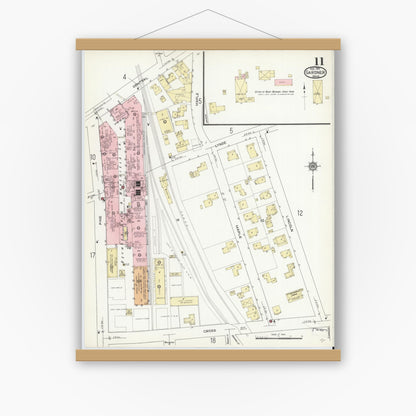 Old map wall art mockup — magnetic wood frame on white wall — Sanborn Fire Insurance Map from Gardner, Worcester County, Massachusetts (1914), Sheet #0011