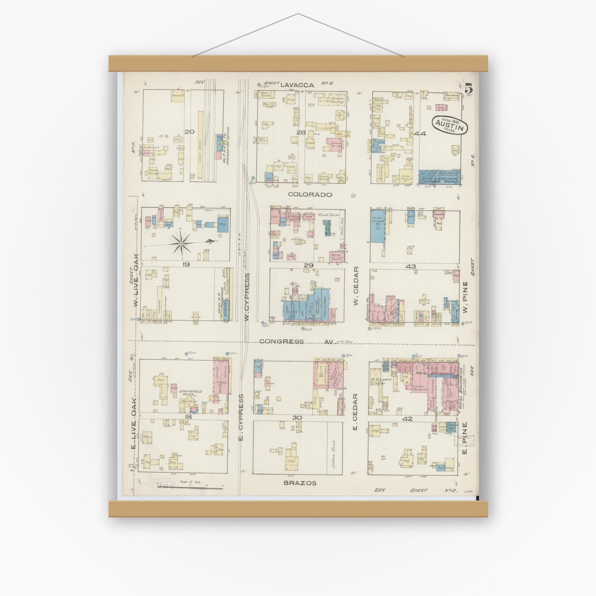 Old map wall art mockup — magnetic wood frame on white wall — Sanborn Fire Insurance Map from Austin, Travis County, Texas (1885), Sheet #0005