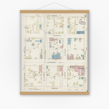 Old map wall art mockup — magnetic wood frame on white wall — Sanborn Fire Insurance Map from Austin, Travis County, Texas (1885), Sheet #0005