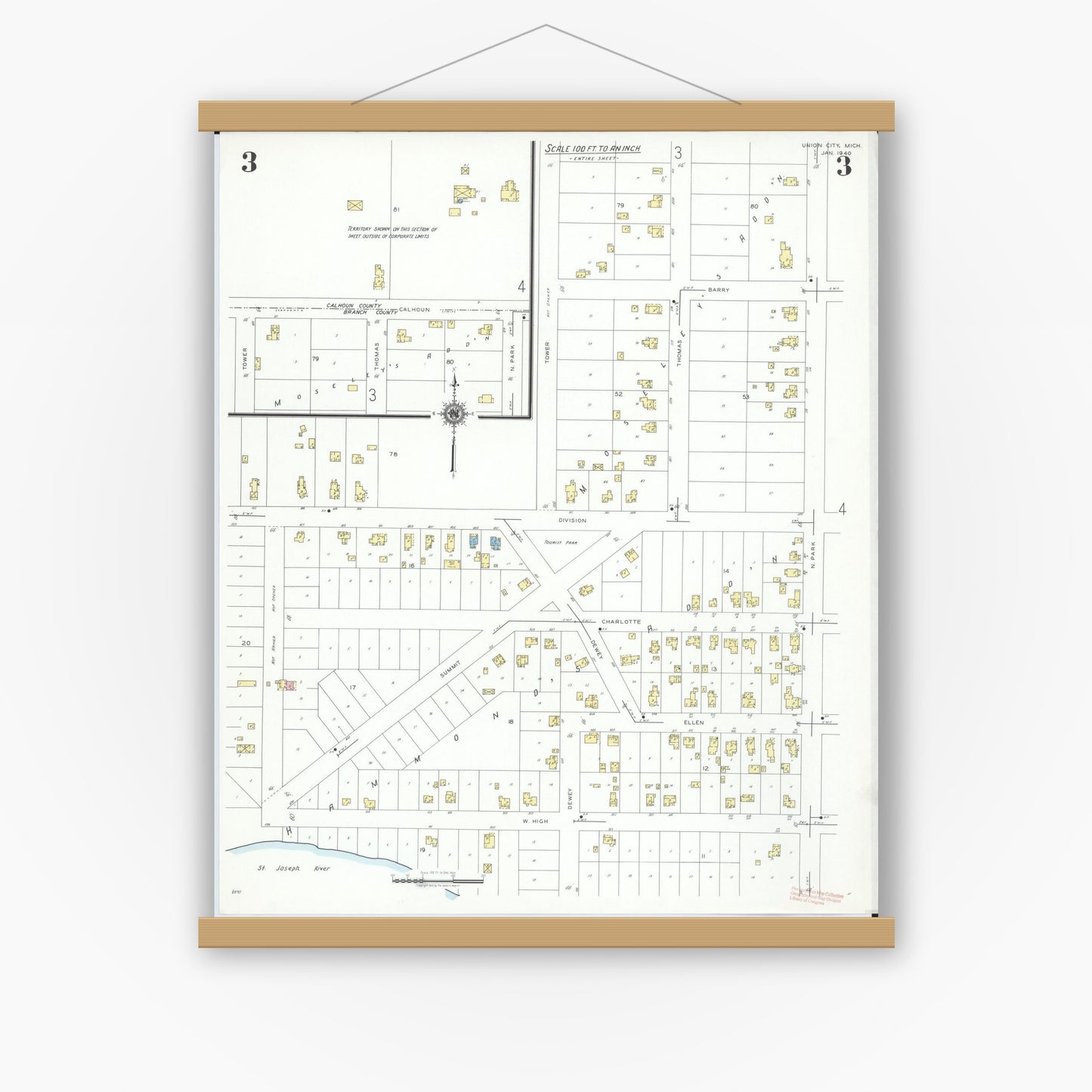 Old map wall art mockup — magnetic wood frame on white wall — Sanborn Fire Insurance Map from Union City, Branch And Calhoun Counties, Michigan (1940), Sheet #0003