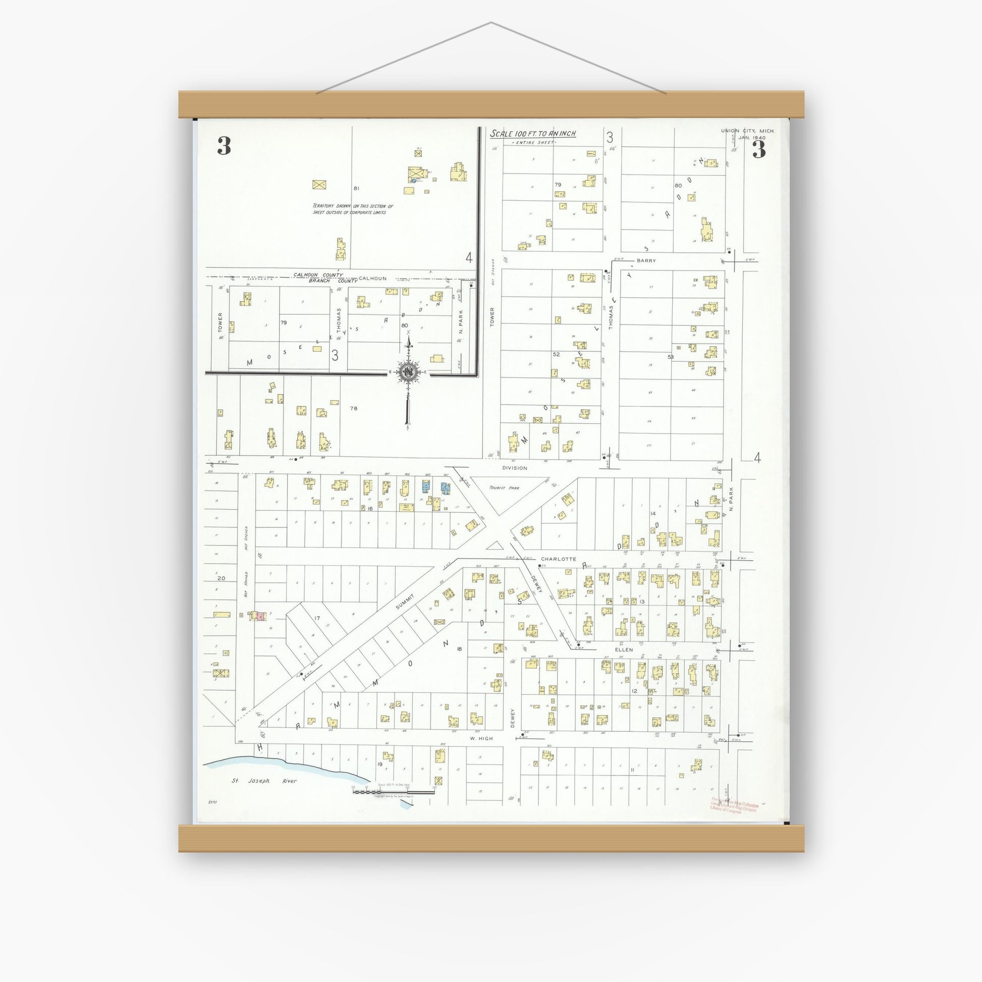 Old map wall art mockup — magnetic wood frame on white wall — Sanborn Fire Insurance Map from Union City, Branch And Calhoun Counties, Michigan (1940), Sheet #0003