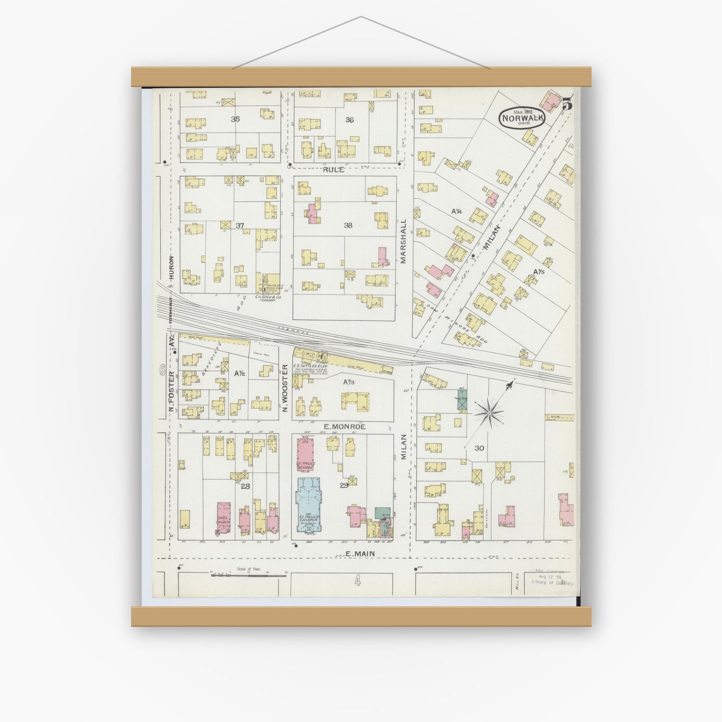 Old map wall art mockup — magnetic wood frame on white wall — Sanborn Fire Insurance Map from Norwalk, Huron County, Ohio (1893), Sheet #0005