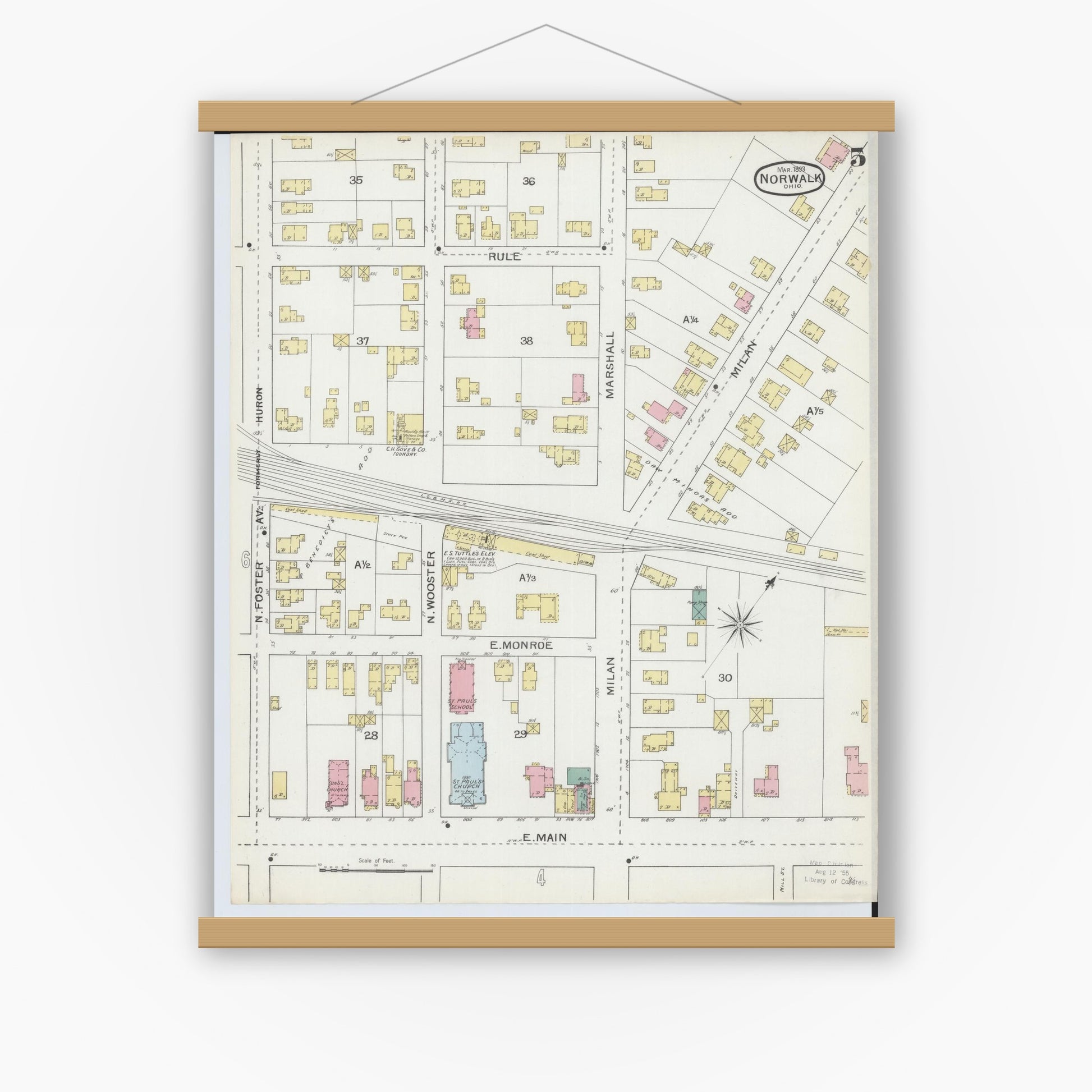 Old map wall art mockup — magnetic wood frame on white wall — Sanborn Fire Insurance Map from Norwalk, Huron County, Ohio (1893), Sheet #0005