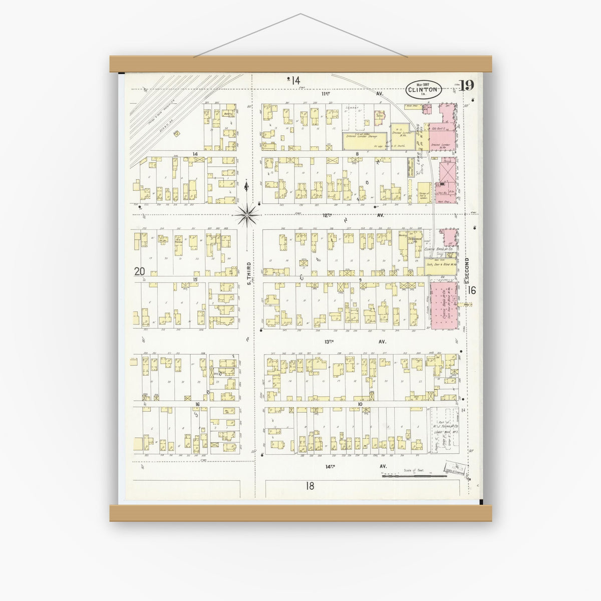 Old map wall art mockup — magnetic wood frame on white wall — Sanborn Fire Insurance Map from Clinton, Clinton County, Iowa (1897), Sheet #0019