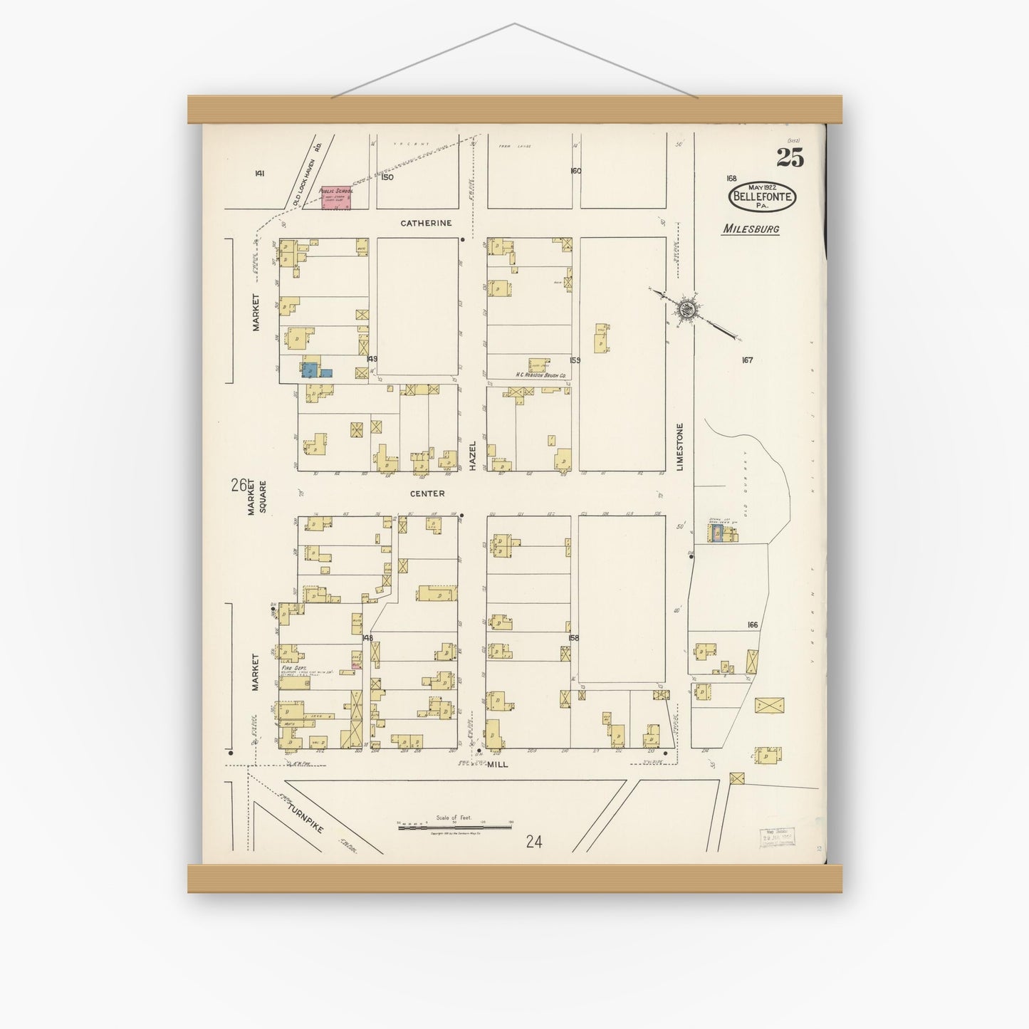 Old map wall art mockup — magnetic wood frame on white wall — Sanborn Fire Insurance Map from Bellefonte, Centre County, Pennsylvania (1922), Sheet #0025