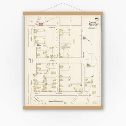 Old map wall art mockup — magnetic wood frame on white wall — Sanborn Fire Insurance Map from Bellefonte, Centre County, Pennsylvania (1922), Sheet #0025