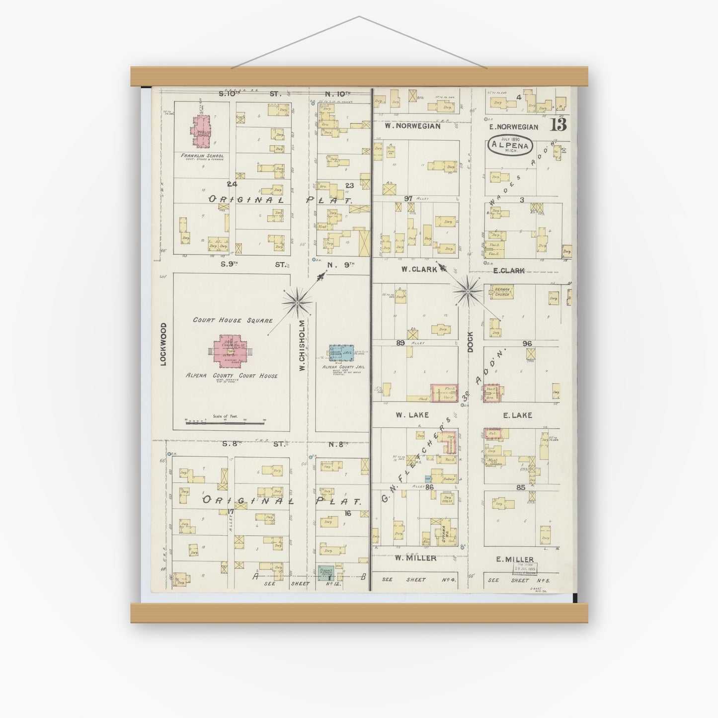 Old map wall art mockup — magnetic wood frame on white wall — Sanborn Fire Insurance Map from Alpena, Alpena County, Michigan (1890), Sheet #0013