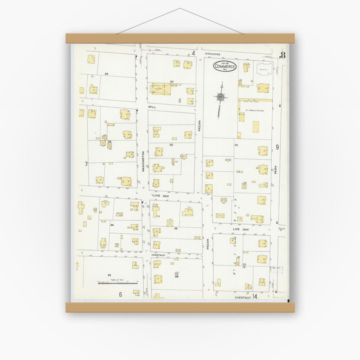 Old map wall art mockup — magnetic wood frame on white wall — Sanborn Fire Insurance Map from Commerce, Hunt County, Texas (1911), Sheet #0008