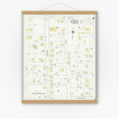 Old map wall art mockup — magnetic wood frame on white wall — Sanborn Fire Insurance Map from Commerce, Hunt County, Texas (1911), Sheet #0008