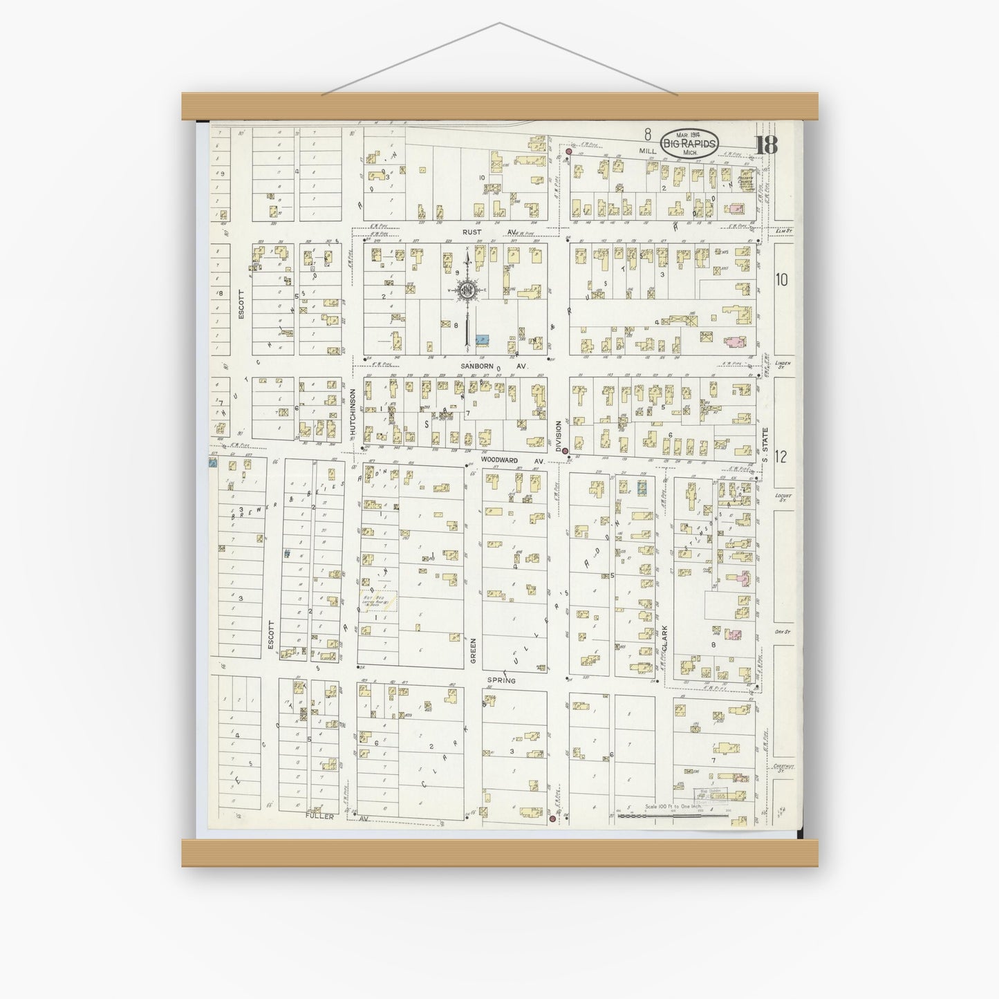 Old map wall art mockup — magnetic wood frame on white wall — Sanborn Fire Insurance Map from Big Rapids, Mecosta County, Michigan (1914), Sheet #0018