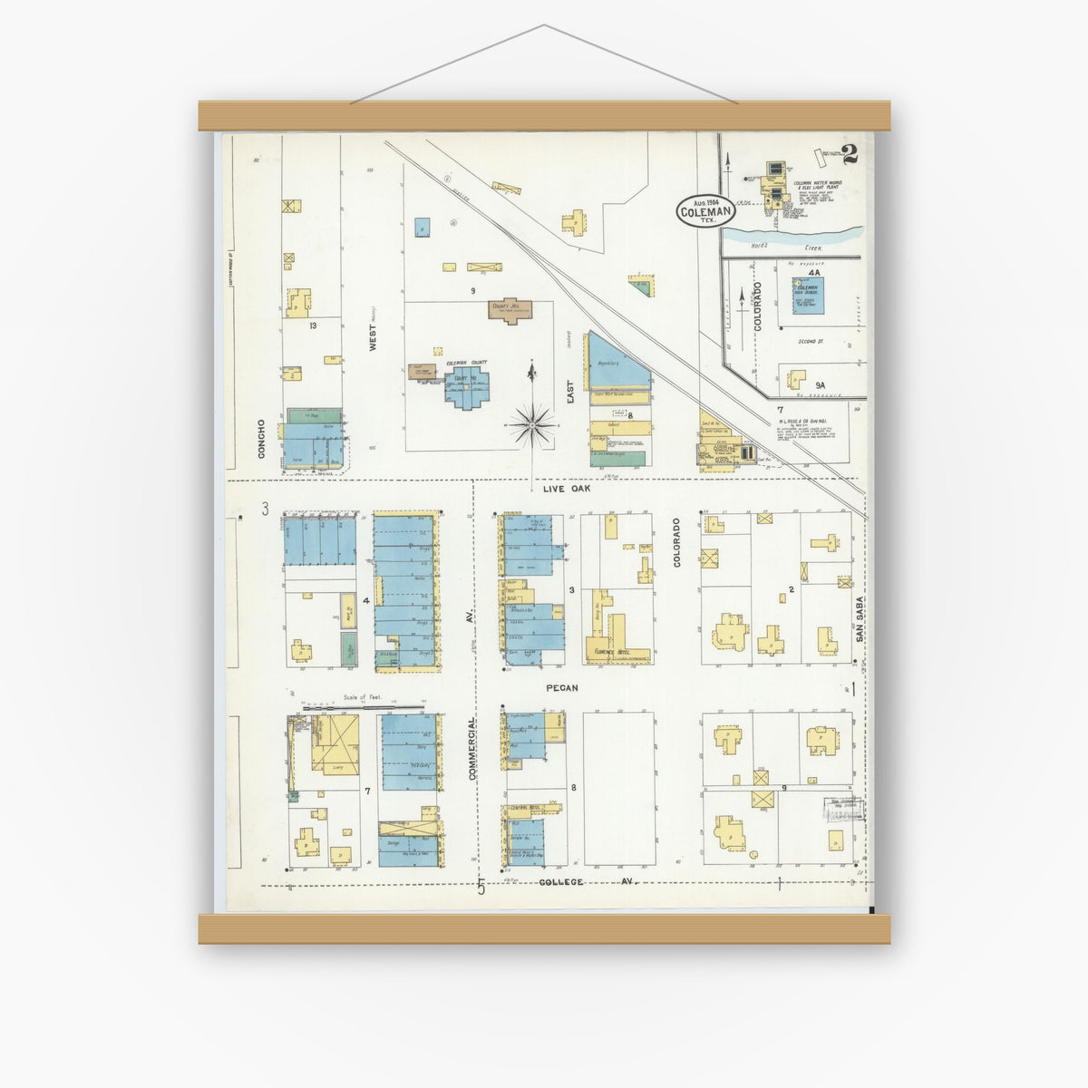 Old map wall art mockup — magnetic wood frame on white wall — Sanborn Fire Insurance Map from Coleman, Coleman County, Texas (1904), Sheet #0002