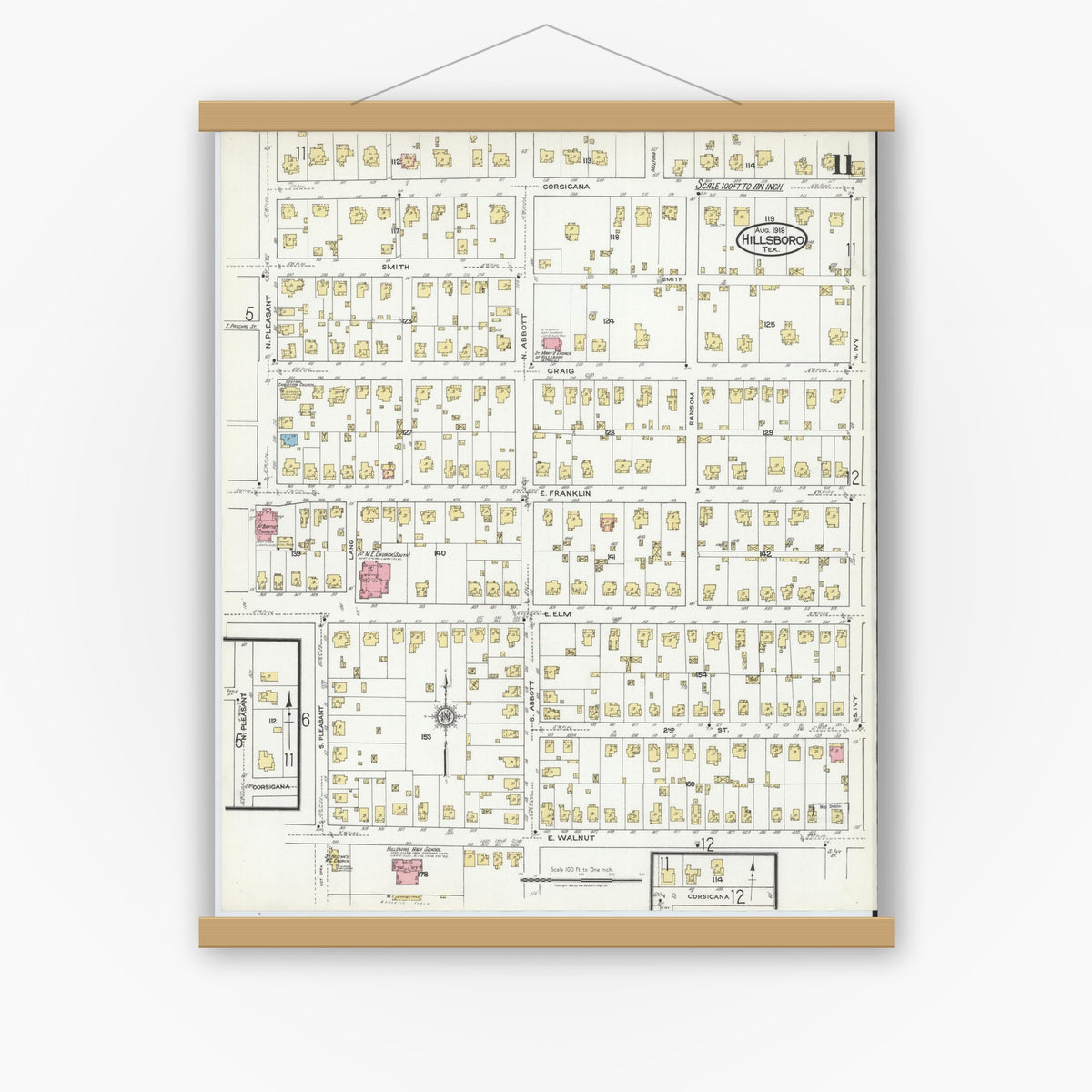 Old map wall art mockup — magnetic wood frame on white wall — Sanborn Fire Insurance Map from Hillsboro, Hill County, Texas (1918), Sheet #0011