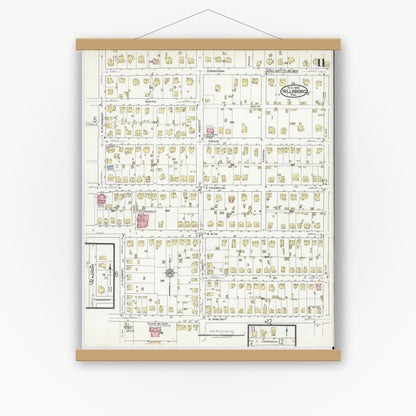 Old map wall art mockup — magnetic wood frame on white wall — Sanborn Fire Insurance Map from Hillsboro, Hill County, Texas (1918), Sheet #0011