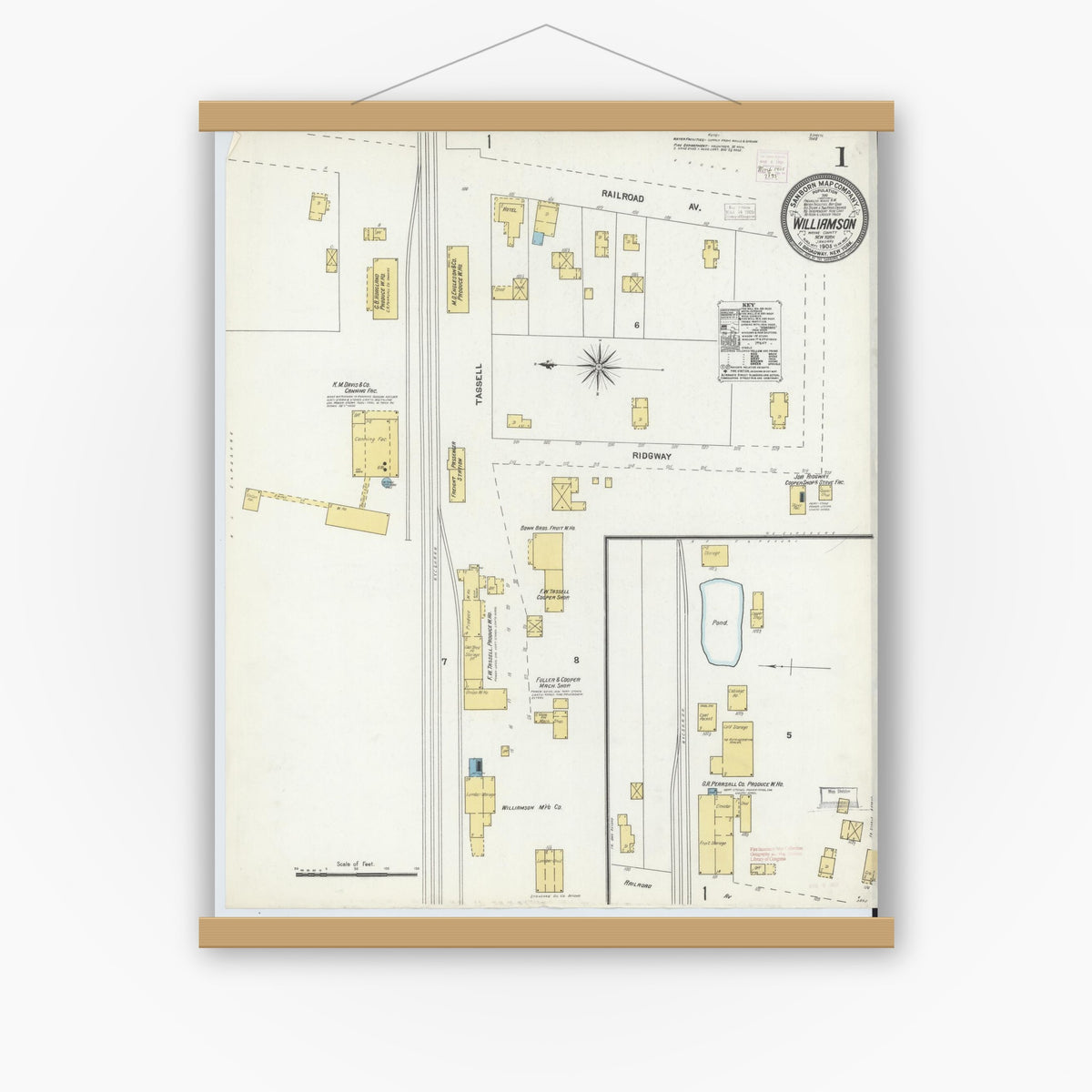 Old map wall art mockup — magnetic wood frame on white wall — Sanborn Fire Insurance Map from Williamson, Wayne County, New York (1905), Sheet #0001