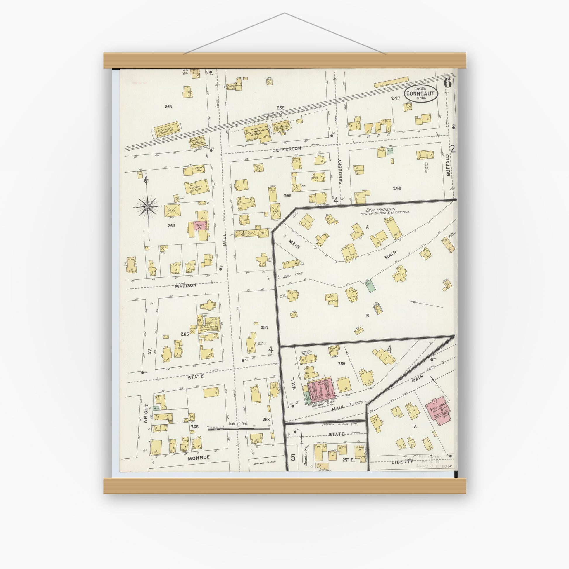 Old map wall art mockup — magnetic wood frame on white wall — Sanborn Fire Insurance Map from Conneaut, Ashtabula County, Ohio (1898), Sheet #0006