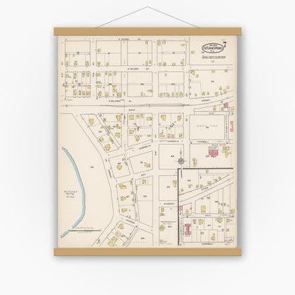 Old map wall art mockup — magnetic wood frame on white wall — Sanborn Fire Insurance Map from De Funiak Springs, Walton County, Florida (1922), Sheet #0007