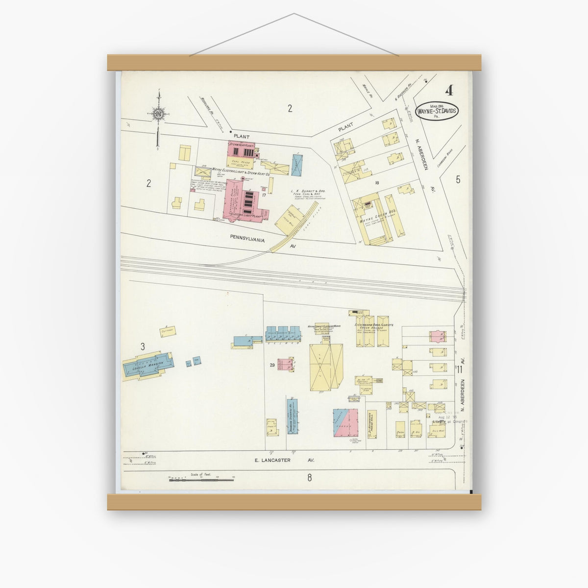 Old map wall art mockup — magnetic wood frame on white wall — Sanborn Fire Insurance Map from Wayne, Delaware County, Pennsylvania (1914), Sheet #0004