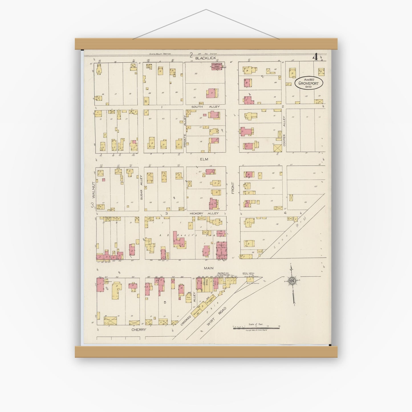 Old map wall art mockup — magnetic wood frame on white wall — Sanborn Fire Insurance Map from Groveport, Franklin County, Ohio (1922), Sheet #0004
