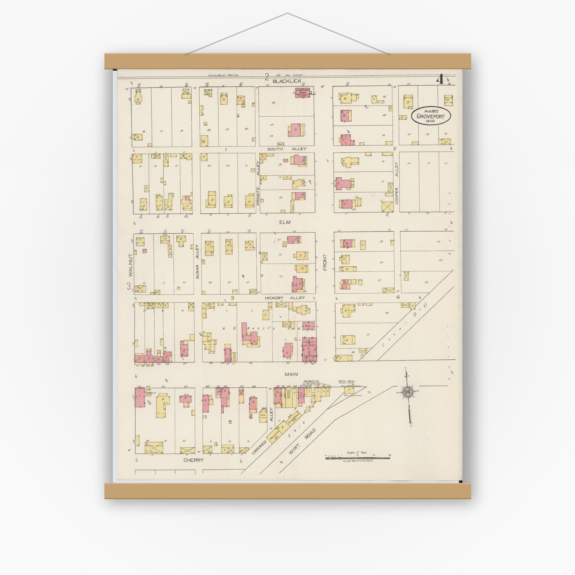 Old map wall art mockup — magnetic wood frame on white wall — Sanborn Fire Insurance Map from Groveport, Franklin County, Ohio (1922), Sheet #0004