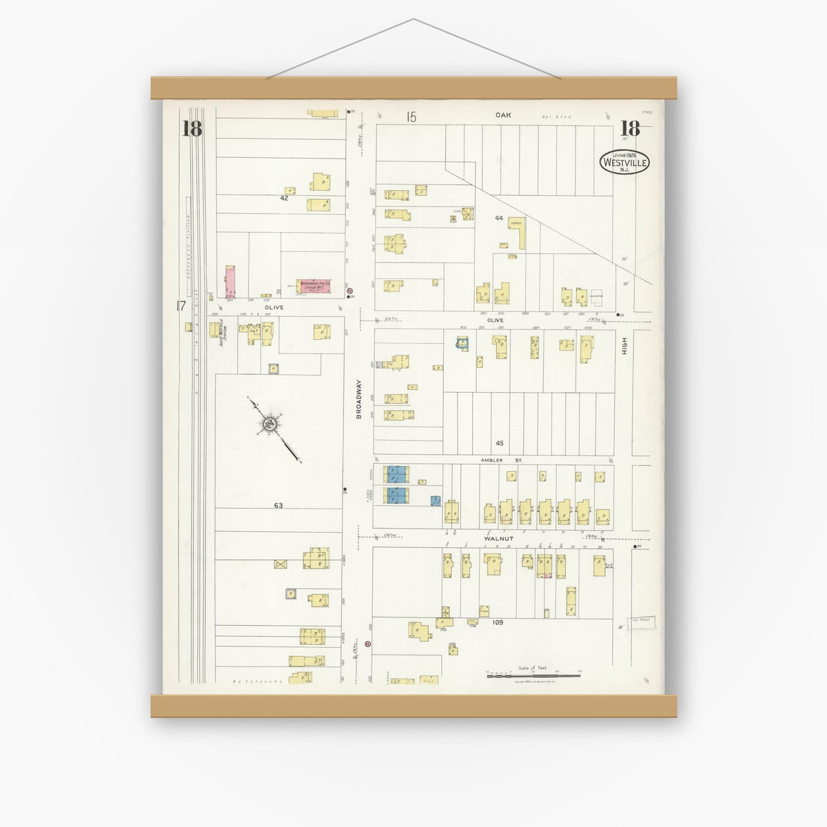 Old map wall art mockup — magnetic wood frame on white wall — Sanborn Fire Insurance Map from Westville, Gloucester County, New Jersey (1926), Sheet #0018