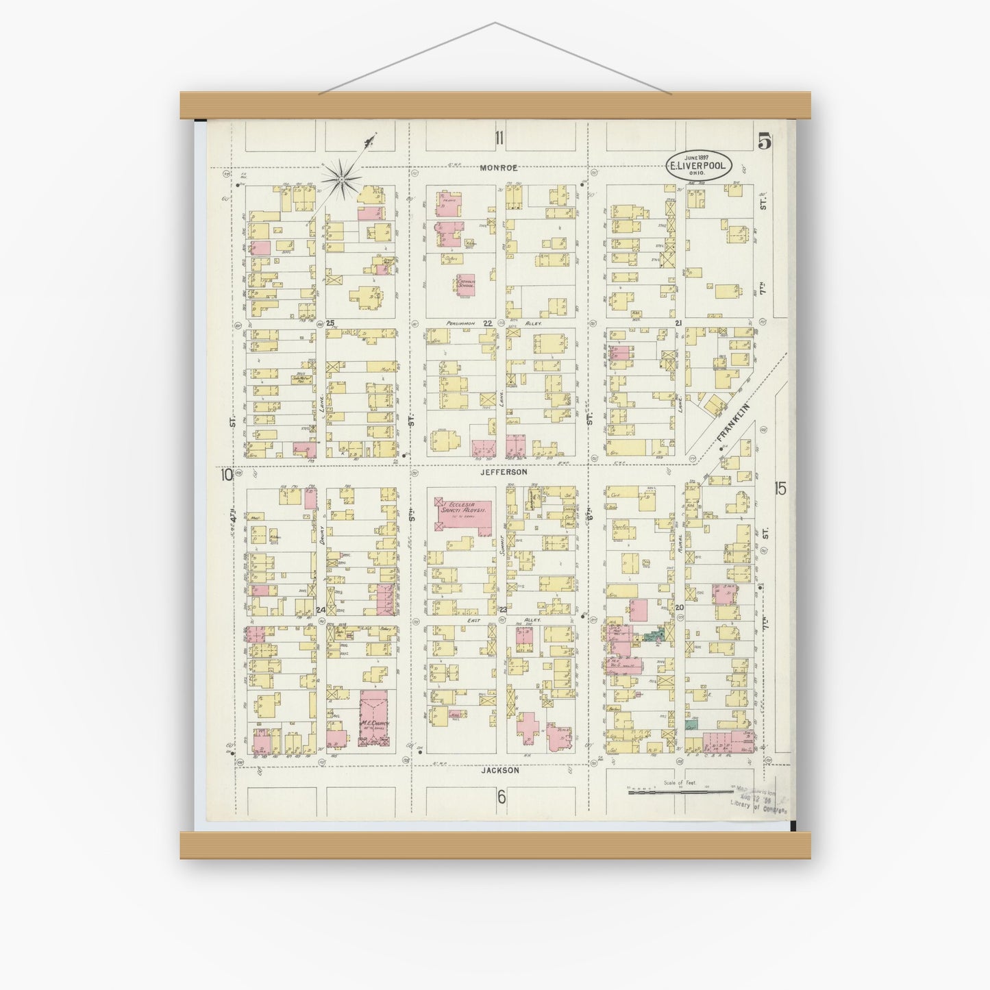Old map wall art mockup — magnetic wood frame on white wall — Sanborn Fire Insurance Map from East Liverpool, Columbiana County, Ohio (1897), Sheet #0005