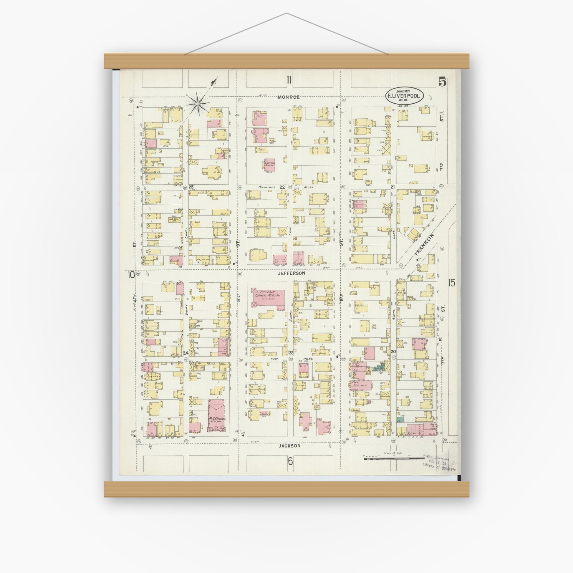 Old map wall art mockup — magnetic wood frame on white wall — Sanborn Fire Insurance Map from East Liverpool, Columbiana County, Ohio (1897), Sheet #0005