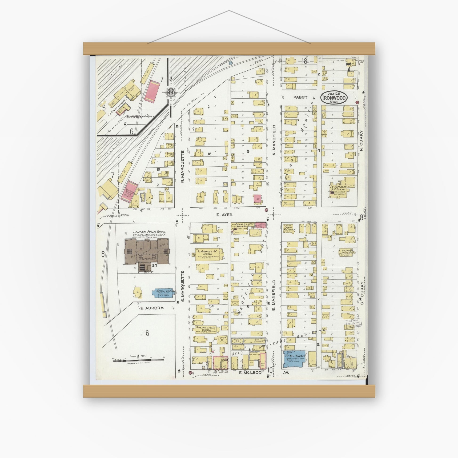 Old map wall art mockup — magnetic wood frame on white wall — Sanborn Fire Insurance Map from Ironwood, Gogebic County, Michigan (1921), Sheet #0007